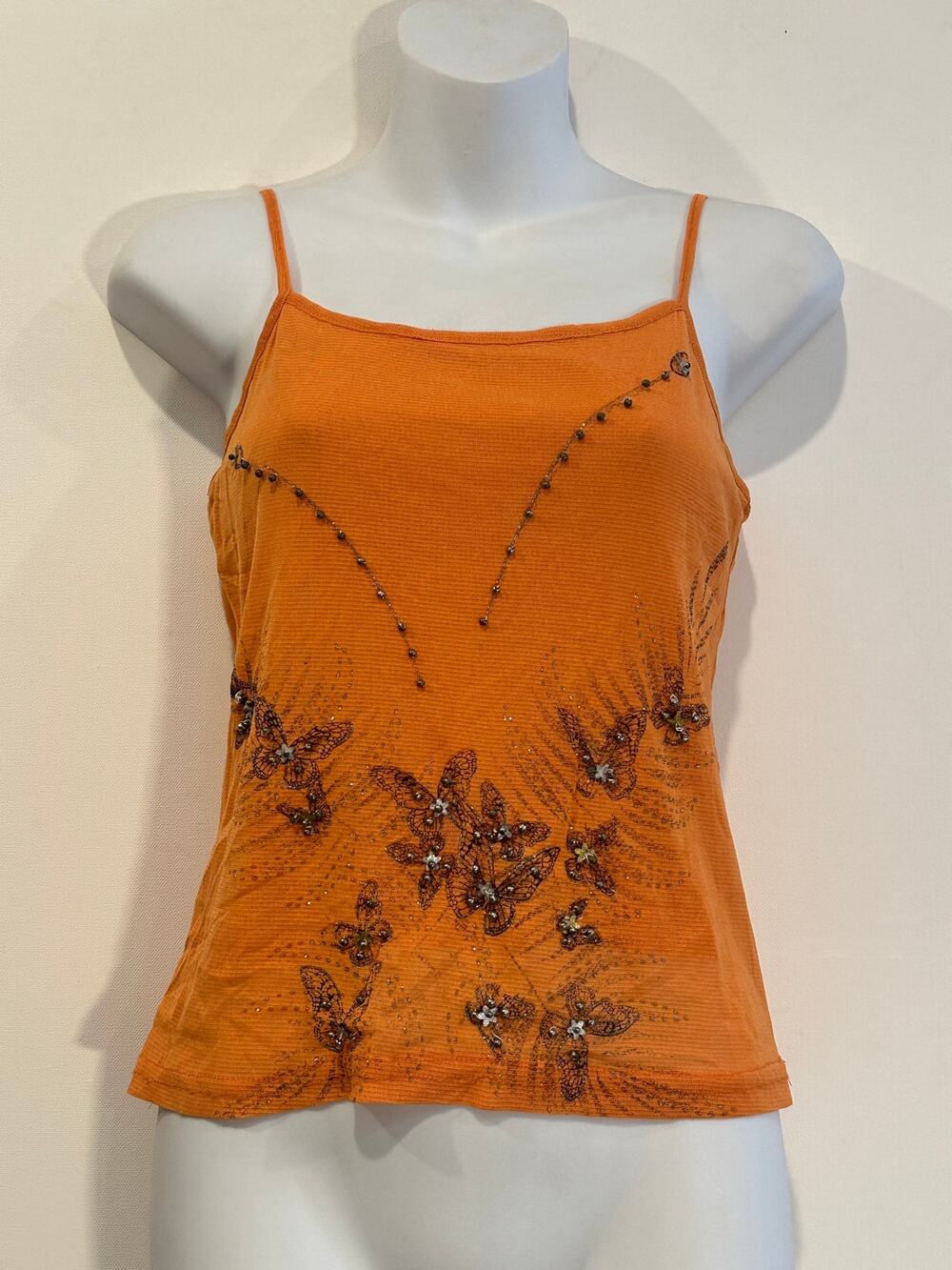 Vintage Miss G Y2K Orange Beaded Butterfly Graphic Cami Tank Top 1 S